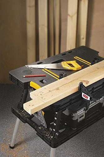 Keter Folding Miter Saw Stand – 12-Inch Woodworking Workbench with Clamps, Black/Yellow