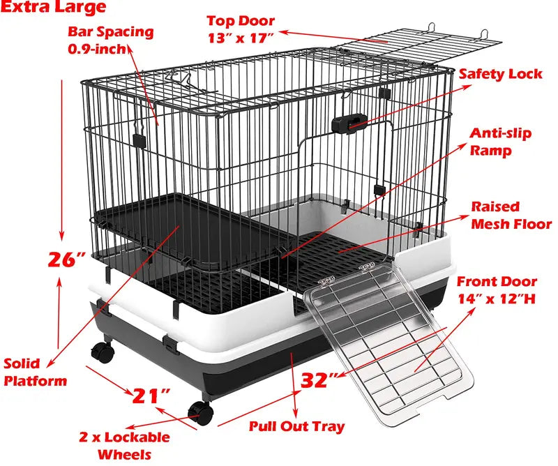 Large 2-Level Indoor Small Animal Pet Cage for Guinea Pig Ferret Chinchilla Cat Playpen Rabbit Hutch with Solid Platform and Ramp, Leakproof Litter Tray, 2 Large Access Doors, Lockable Casters