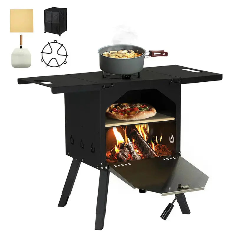 Wood-Fired Outdoor Pizza Oven – Dual-Tier Portable Oven with Warming Rack and Heat-Resistant Pot Holder