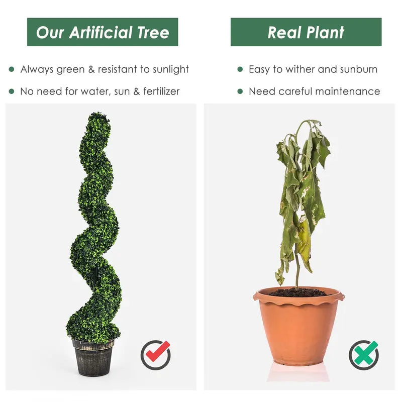 Pair of 4-Foot Spiral Boxwood Topiaries – Realistic Faux Trees in Weighted Plastic Pots
