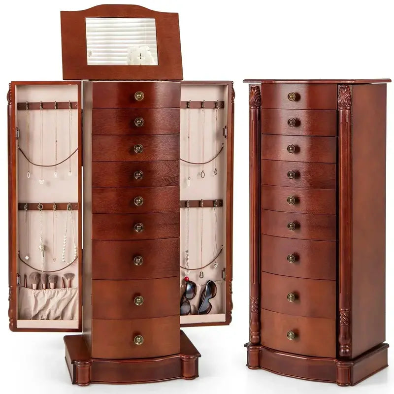 Large Standing Jewelry Armoire — Cambered-Front Cabinet with Organized Storage Compartments