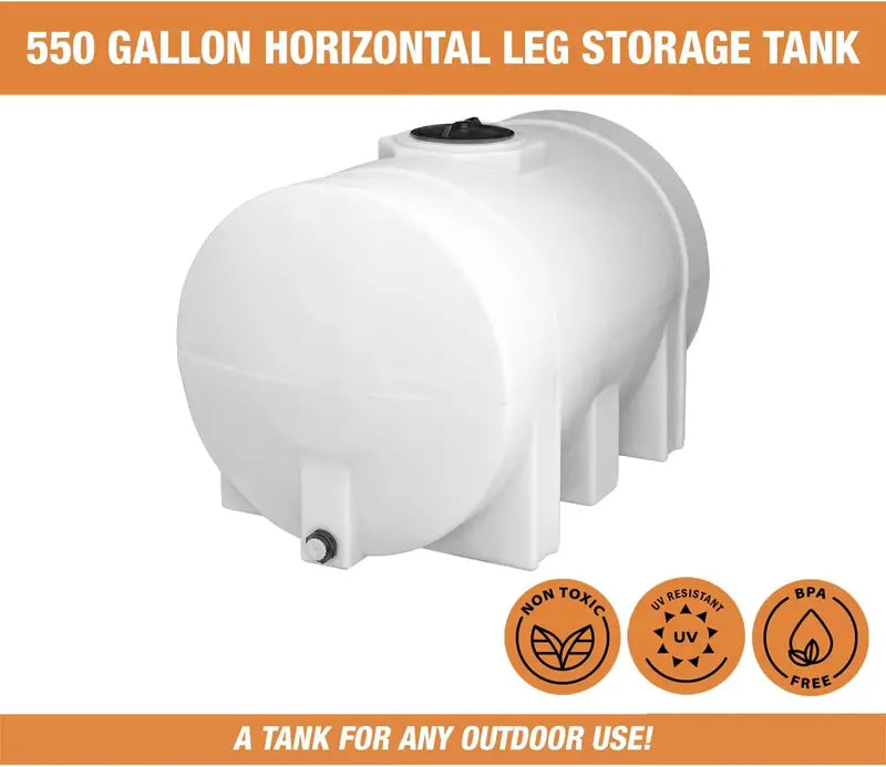 Horizontal Polyethylene Water Storage Tank – 550-Gallon Reservoir with Support Legs, USA-Made, Corrosion-Resistant