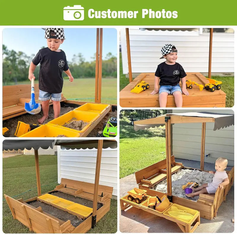 Wooden Outdoor Sandbox with Canopy – 47″×47″ Sand Play Center Featuring Retractable Roof & Foldable Benches