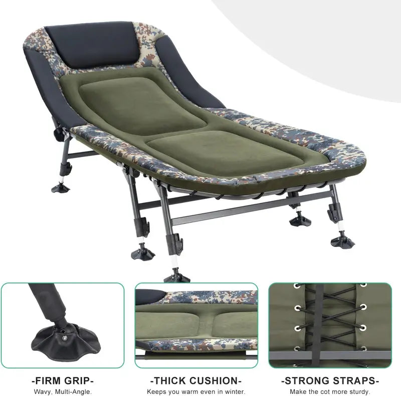 Heavy-Duty Adult Camping Cot – 330-Lb Capacity, Padded Cushion, 180° Reclining, Includes Carry Bag