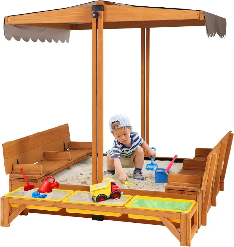 Wooden Outdoor Sandbox with Canopy – 47″×47″ Sand Play Center Featuring Retractable Roof & Foldable Benches