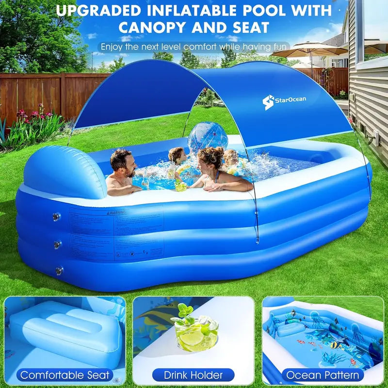 Large Canopy Inflatable Family Pool with Built-in Seats – 118″ x 75″ x 22″, Dark Blue