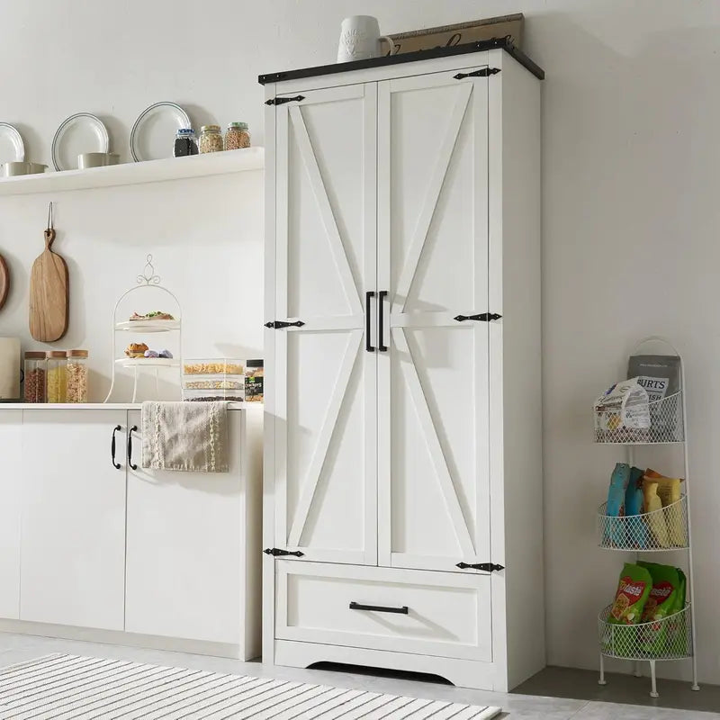 JXQTLINGMU Farmhouse Pantry Cabinet – 72-Inch Tall Wood Storage Unit with Barn Doors, Drawer, and Adjustable Shelves