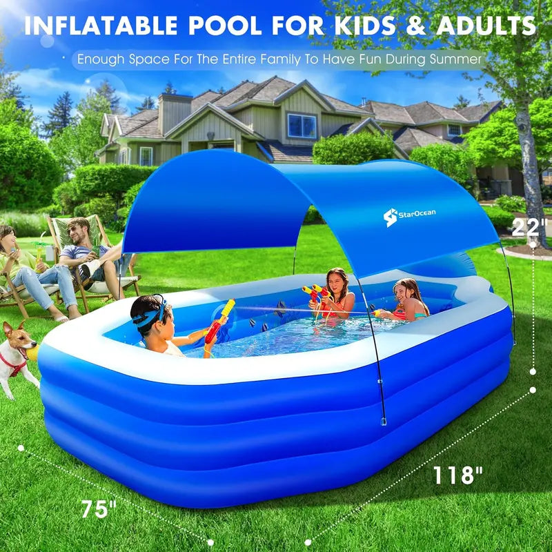 Large Canopy Inflatable Family Pool with Built-in Seats – 118″ x 75″ x 22″, Dark Blue