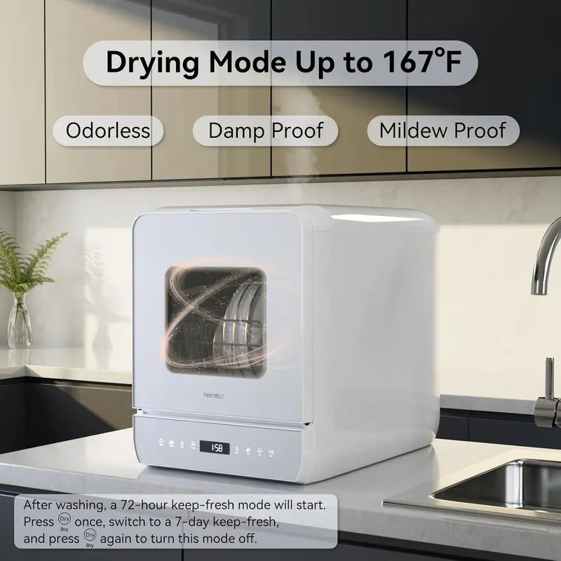 Hermitlux Countertop Mini Dishwasher – 7-Program Portable Unit with 5L Built-in Tank, LED Display, Glass Door, No Plumbing Required