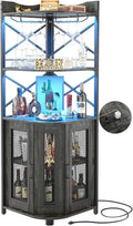 Industrial Corner Bar Cabinet – Power Outlet, LED Strip Lighting, and Wall-Mounted Glass Rack