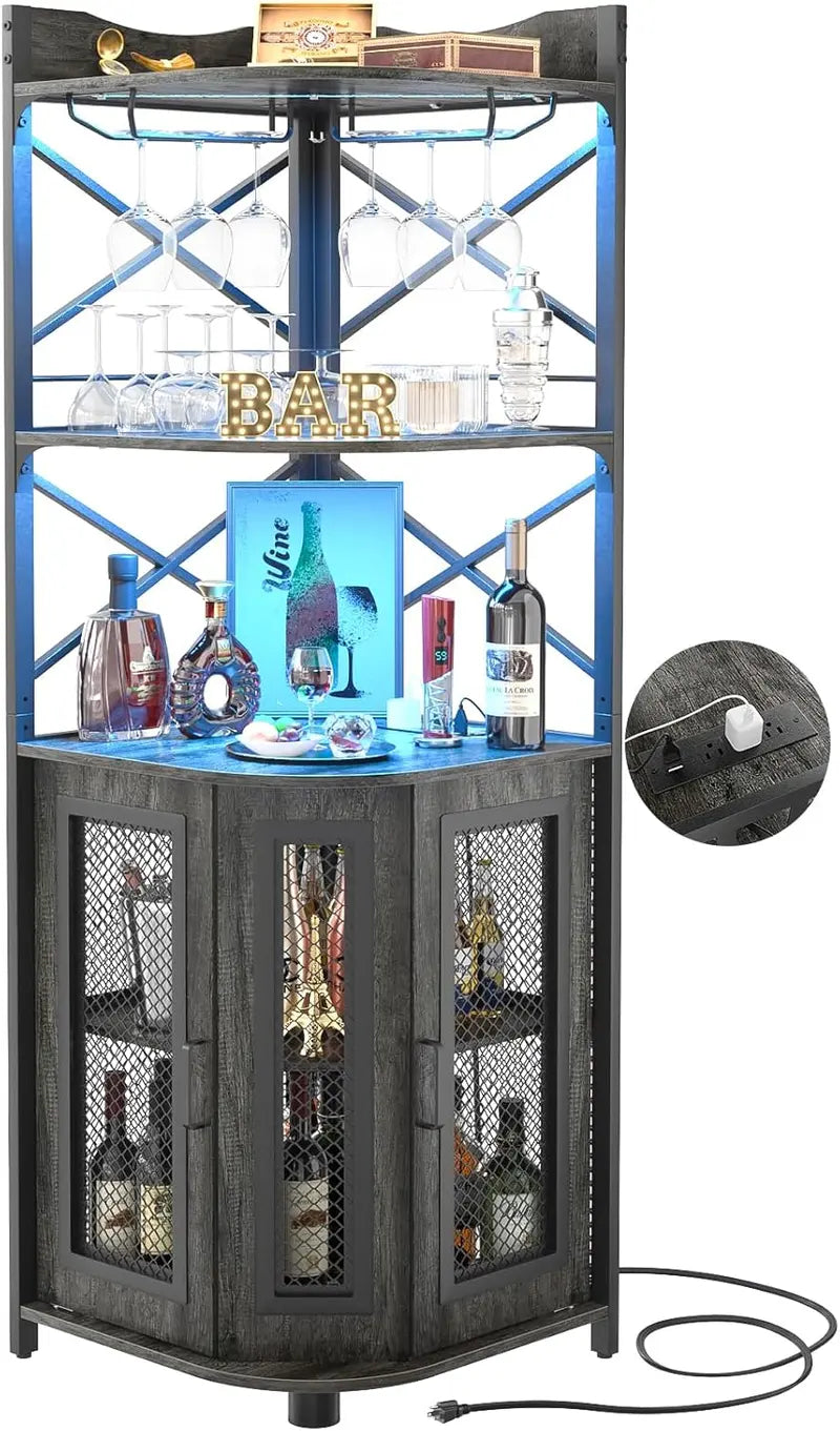 Industrial Corner Bar Cabinet – Power Outlet, LED Strip Lighting, and Wall-Mounted Glass Rack