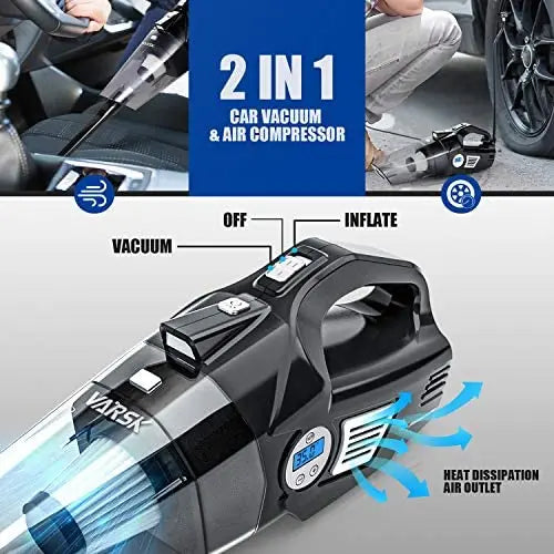 VARSK 4-in-1 Car Vacuum Cleaner & Tire Inflator, 12V Portable Air Compressor with LCD Display & LED Light