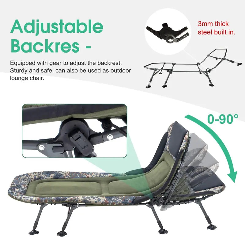 Heavy-Duty Adult Camping Cot – 330-Lb Capacity, Padded Cushion, 180° Reclining, Includes Carry Bag