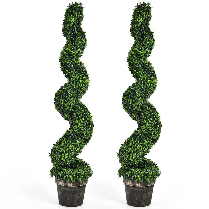 Pair of 4-Foot Spiral Boxwood Topiaries – Realistic Faux Trees in Weighted Plastic Pots