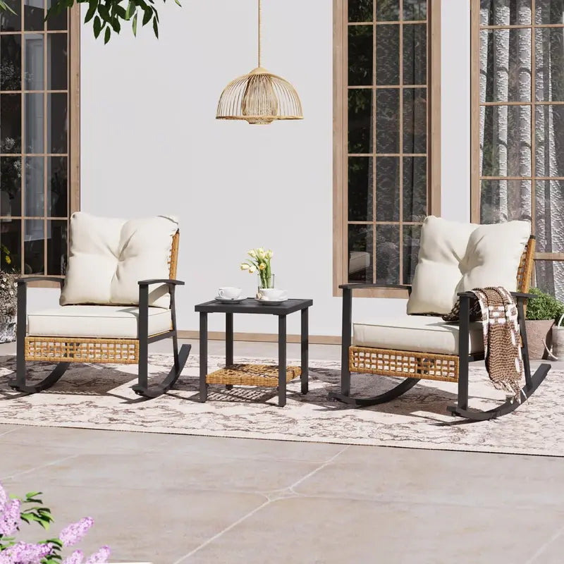 LAUSAINT HOME Oversized Rattan Bistro Set — 3-Piece Outdoor Rocking Conversation Furniture for Patios