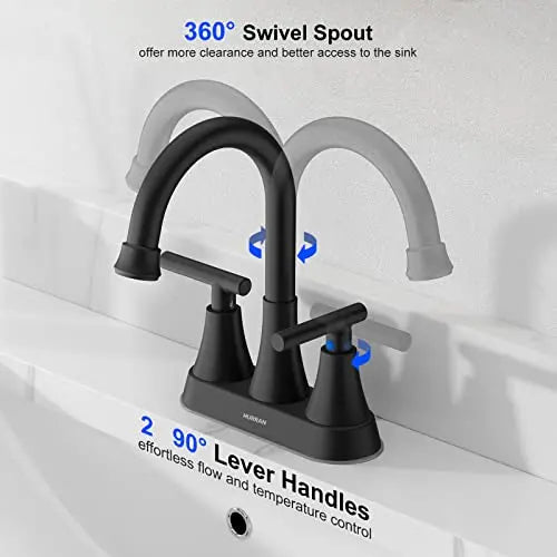 Hurran 3-Hole Bathroom Faucet – 4-Inch Matte Black Sink Faucet with Pop-Up Drain Assembly
