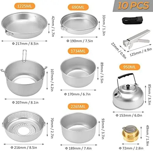 Outdoor Camping Cooking Set – 10 PCS Stove Kit with Dish Plates, Pots & Water Kettle