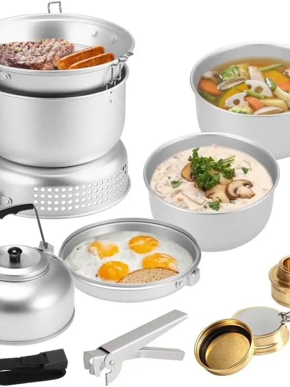 Outdoor Camping Cooking Set – 10 PCS Stove Kit with Dish Plates, Pots & Water Kettle