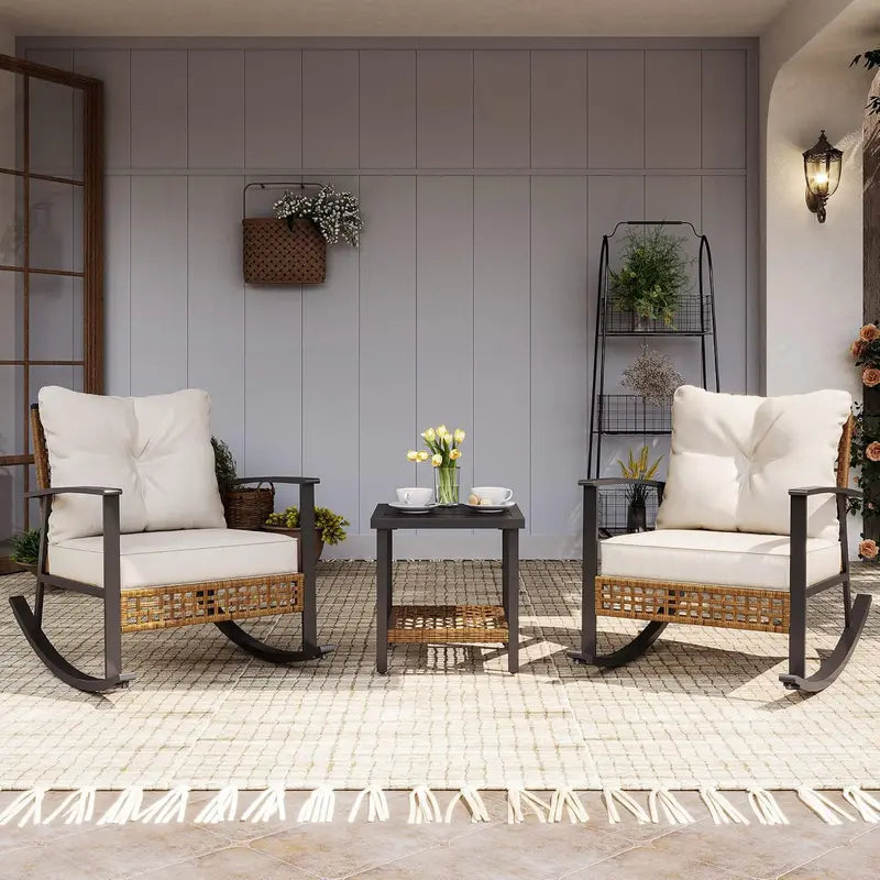 LAUSAINT HOME Oversized Rattan Bistro Set — 3-Piece Outdoor Rocking Conversation Furniture for Patios