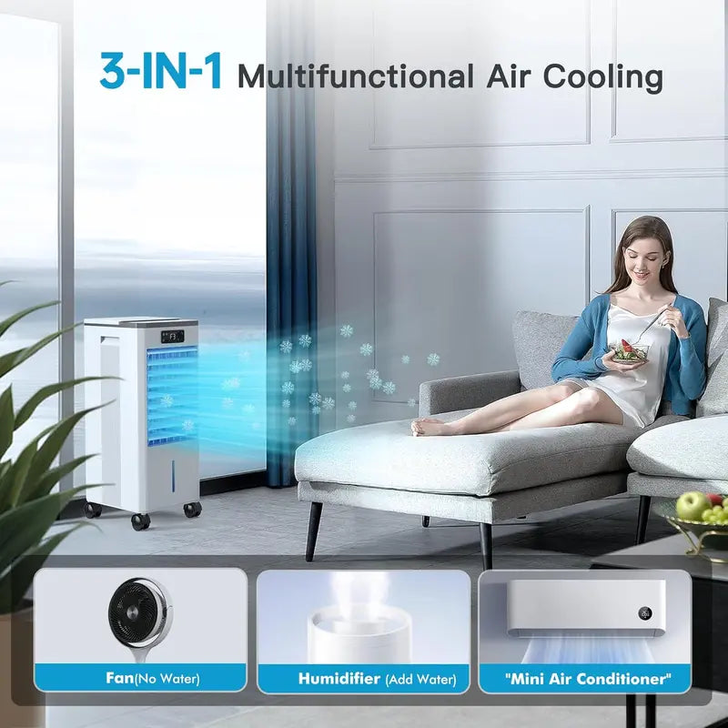 Hose-Free Portable Evaporative Air Cooler – 3-Speed, 3-Mode Swamp Cooler with 12-Hour Auto-Off, 20-Hour Runtime, 16-Foot Remote