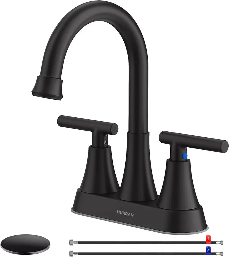Hurran 3-Hole Bathroom Faucet – 4-Inch Matte Black Sink Faucet with Pop-Up Drain Assembly